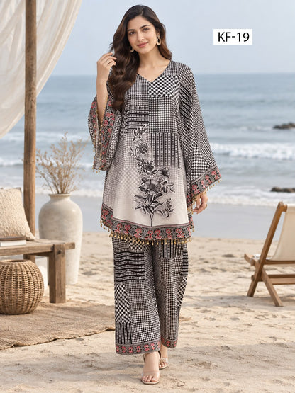 Monochrome Art Kaftan Set- Japanese crepe