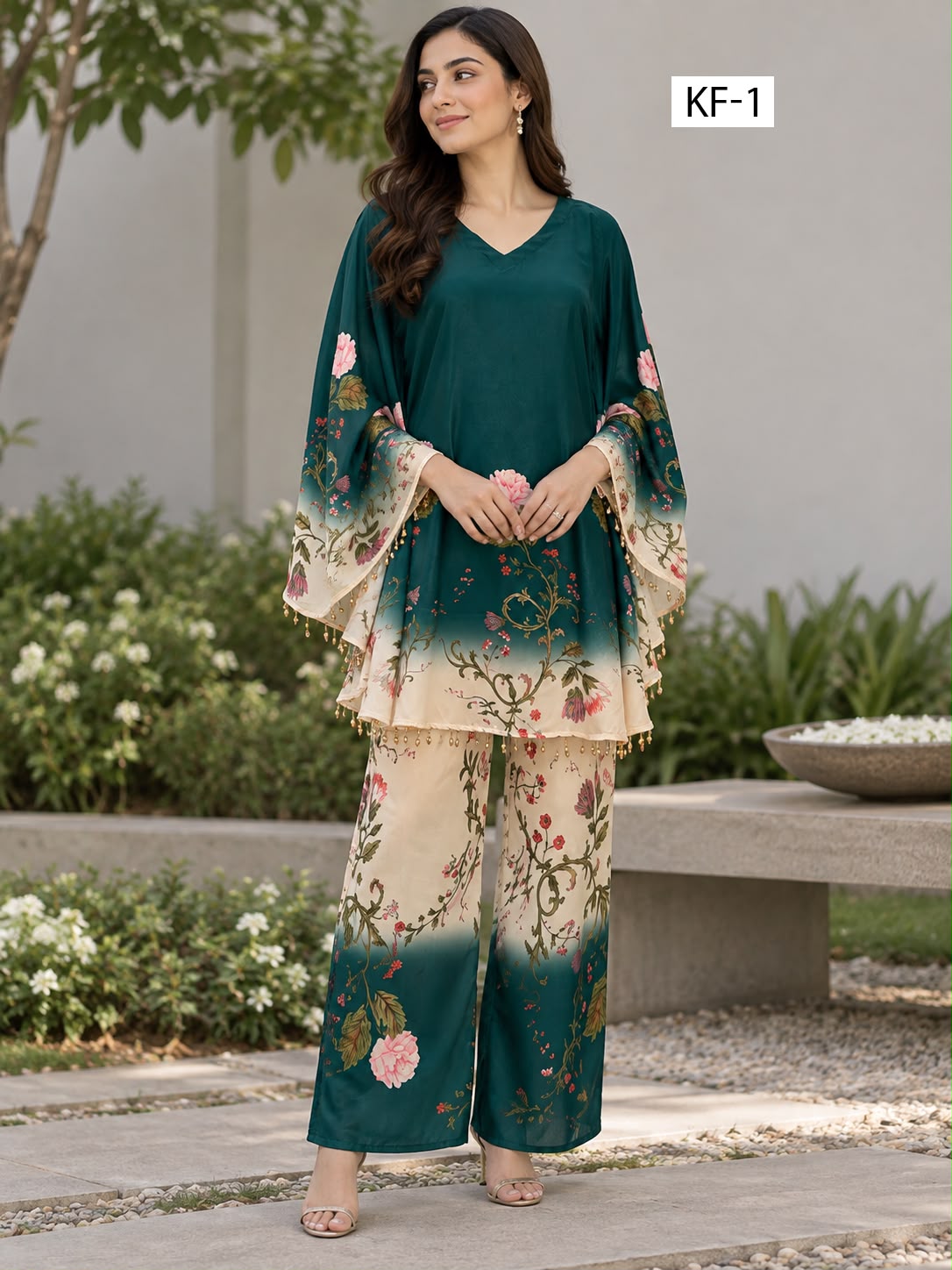 Teal Garden Kaftan Set - Japanese crepe