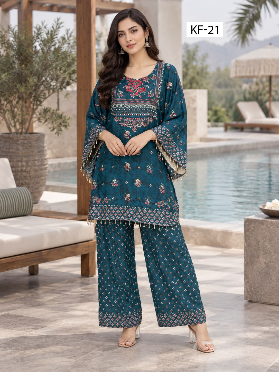 Teal Blossom Kaftan Set- Japanese crepe