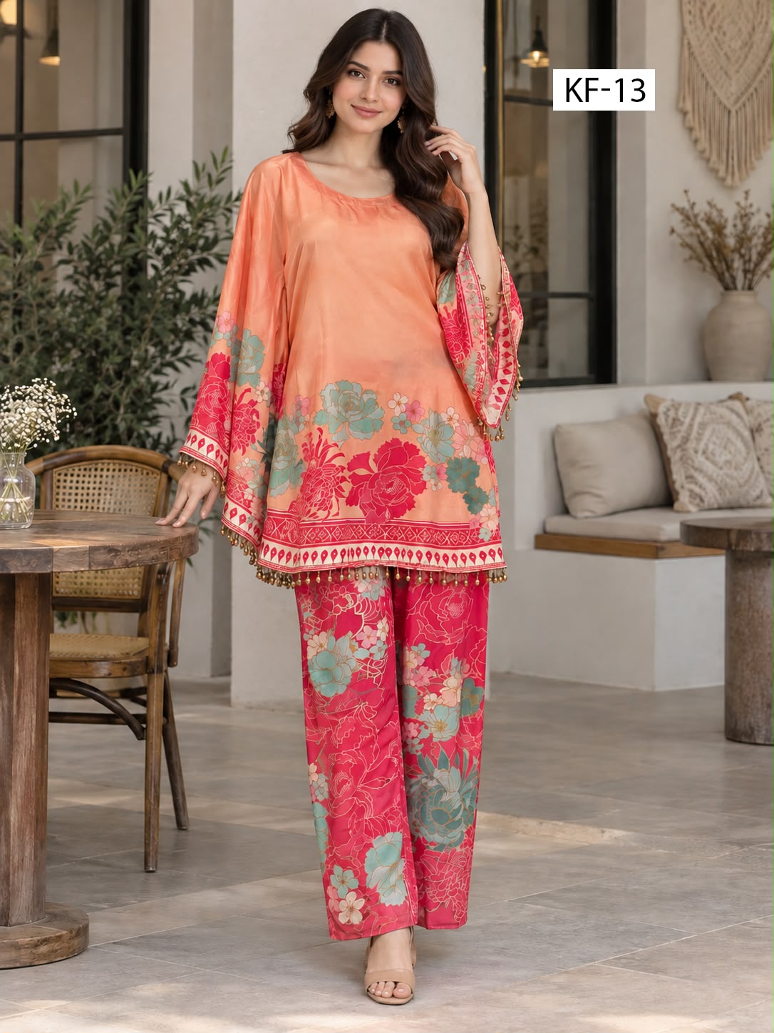 Coral Rose Kaftan Set- Japanese crepe