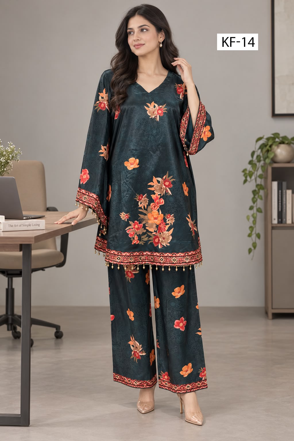 Teal Ember Kaftan Set- Japanese crepe
