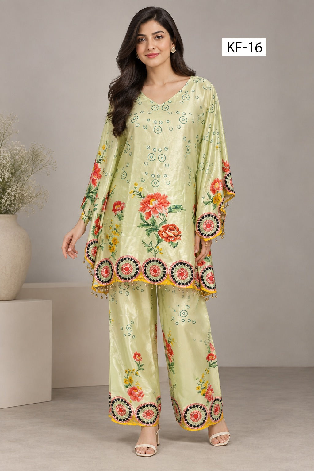 Lime Floral Kaftan Set - Japanese crepe