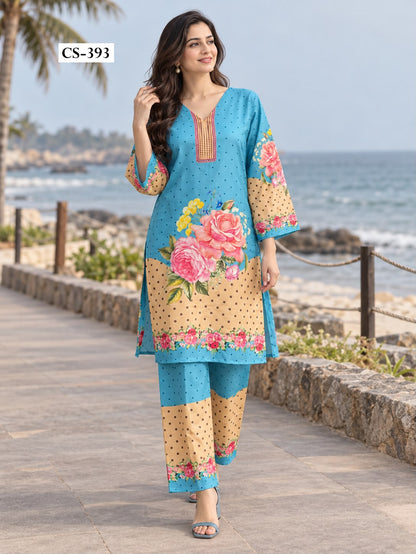 Seaside Floral Co-ord Set  - IMPORTED RAYON