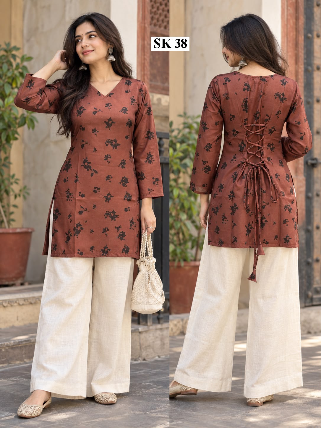 Rust Floral Lace-Up Short Kurti