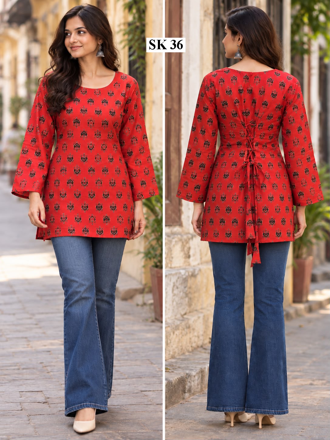 Red Floral Lace-Up Short Kurti