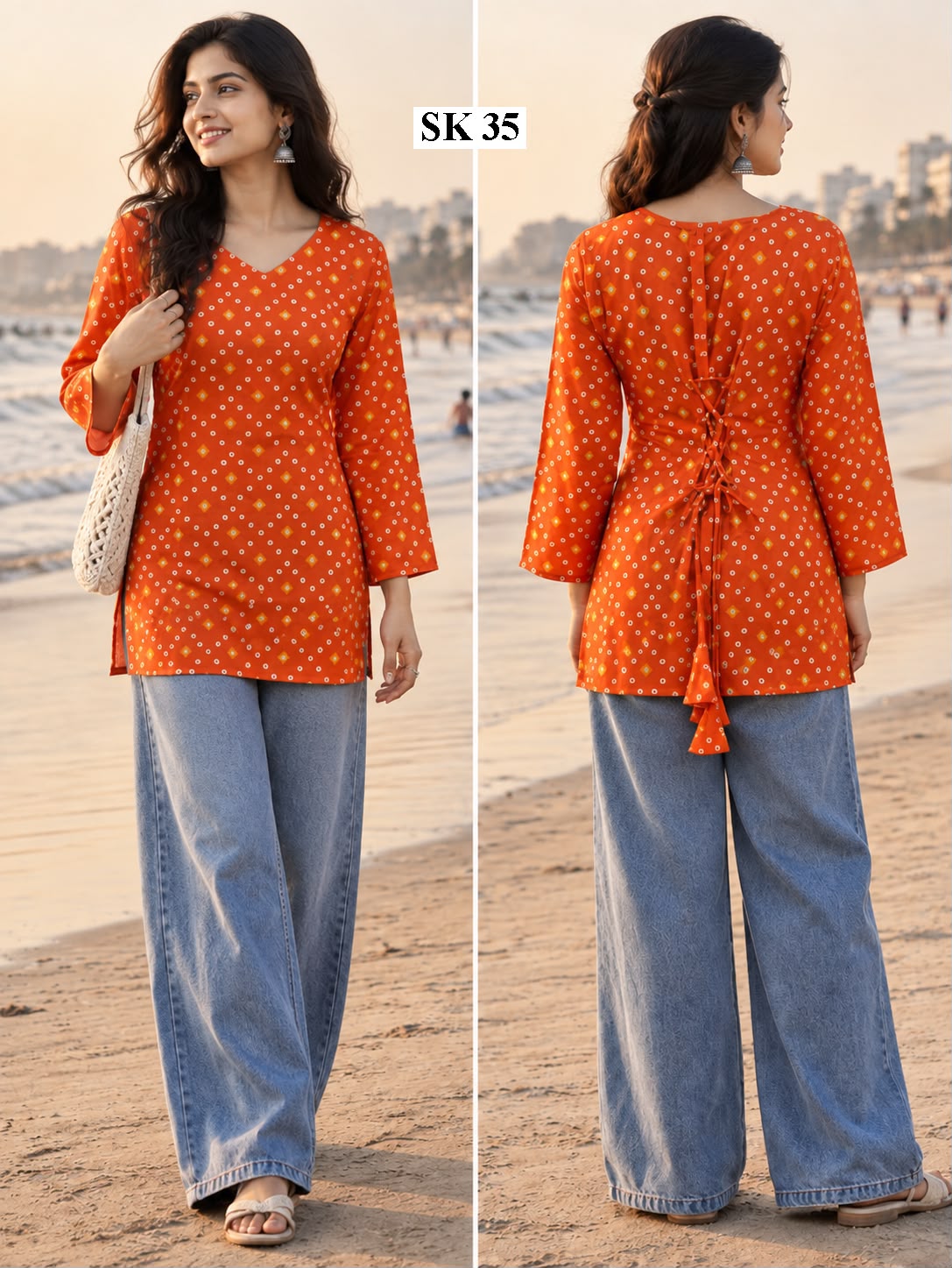 Orange Printed Lace-Up Short Kurti