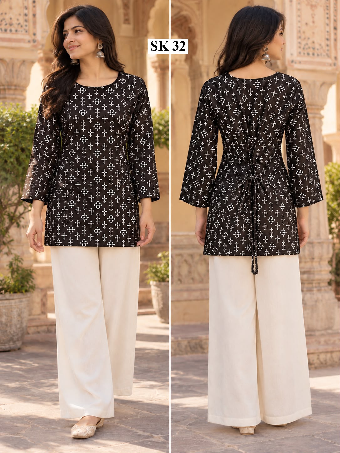 Black White Geometric Short Kurti