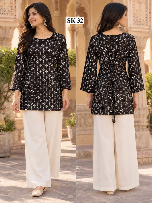 Black White Geometric Short Kurti