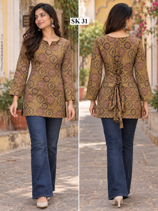 Olive Ethnic Print Short Kurti