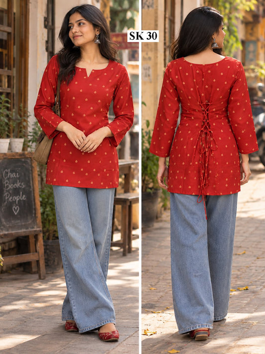 Red Gold Butti Short Kurti